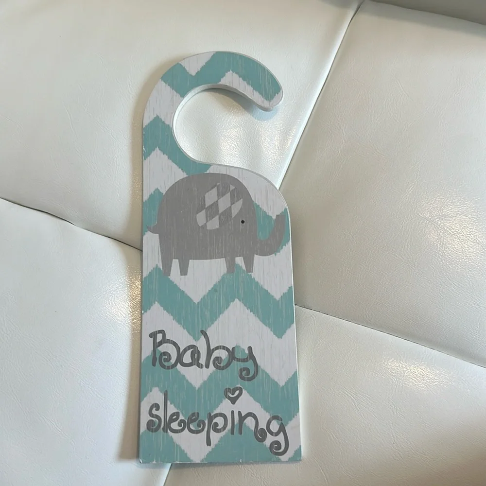 🍼 Baby Awake Baby Sleeping Door Elephant    Hanger Teal White Newborn Baby Sign